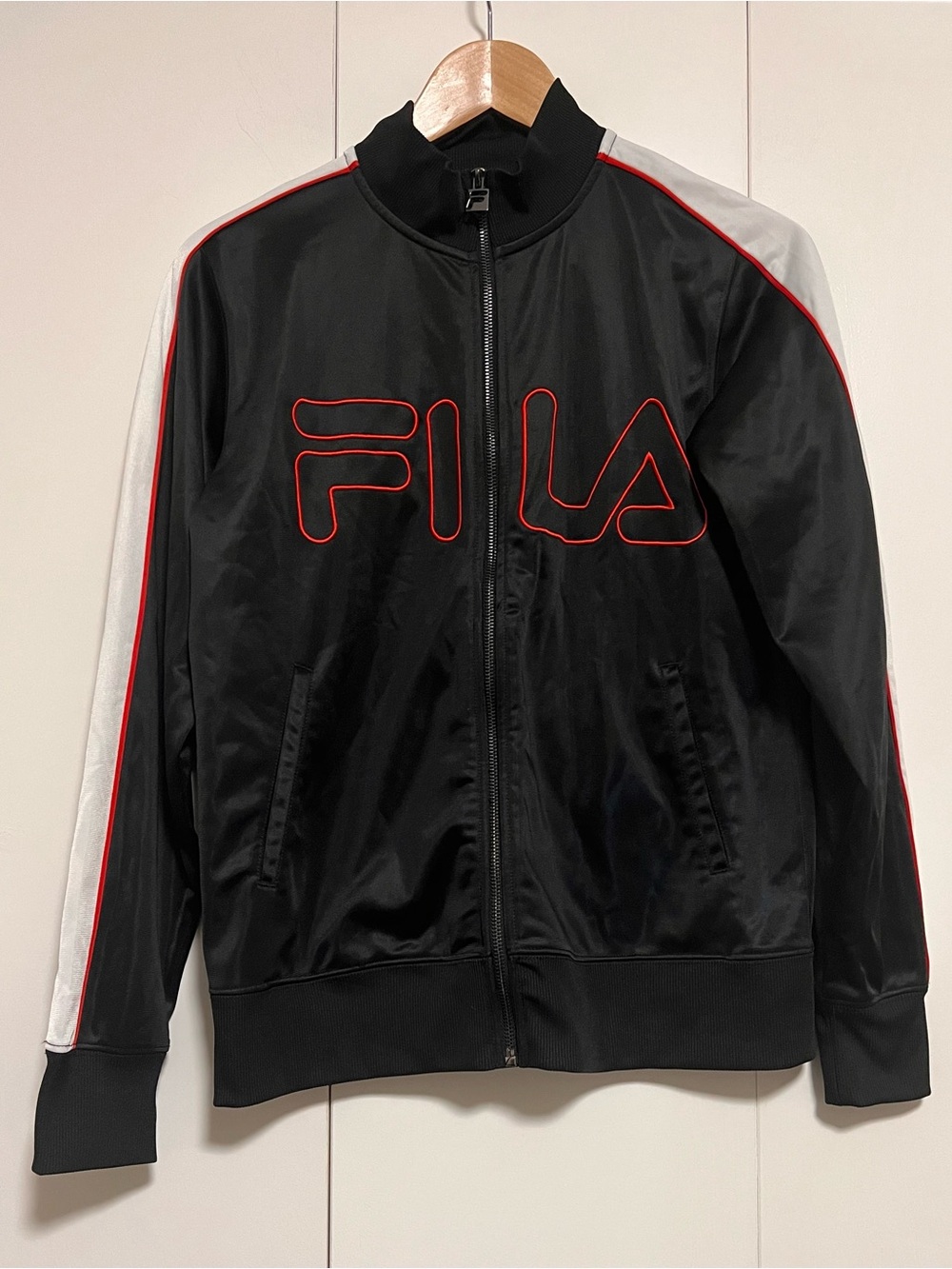 Fila Black Track Jacket with White Panels and Red Piping